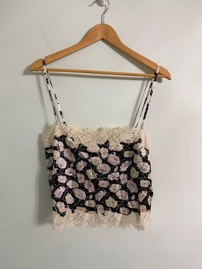 Doen Loure Lace Trimmed Floral Print Silk Satin Camisole Top Size Medium